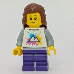 Minifigurka LEGO Girl, White Shirt, Dark Purple Legs, Reddish Brown Hair