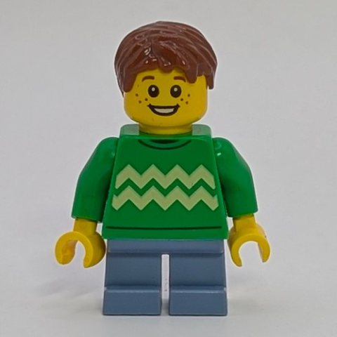 Minifigurka LEGO Boy, Bright Green Sweater, Short Sand Blue Legs