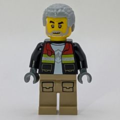 Minifigurka LEGO Firefighter, Open Jacket, Dark Tan Legs, Light Bluish Gray Hair