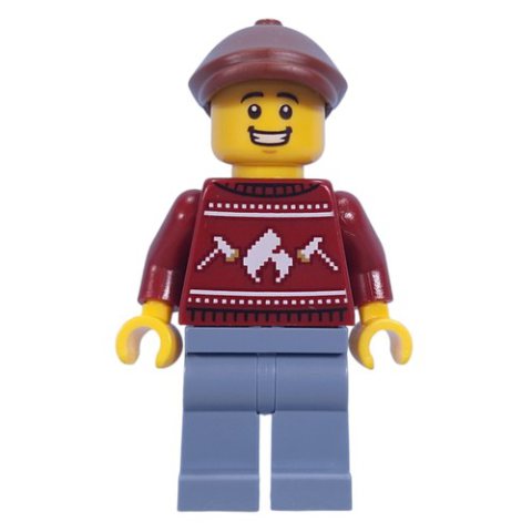 Minifigurka LEGO Dark Red Sweater, Sand Blue Legs, Reddish Brown Cap