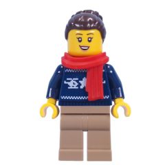 Minifigurka LEGO Dark Blue Sweater, Dark Tan Legs, Dark Brown Hair, Red Scarf