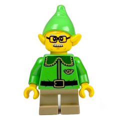 Minifigurka LEGO Elf / Postal Elf - Bright Green Torso, Dark Tan Legs, Bright Green Hat, Glasses and Moustache
