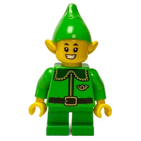 Minifigurka LEGO Elf / Postal Elf - Bright Green Torso, Green Legs, Bright Green Hat, Dark Green Collar, Teeth Smile