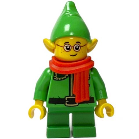 Minifigurka LEGO Elf / Postal Elf - Bright Green Torso, Green Legs, Bright Green Hat, Dark Green Collar, Red Scarf