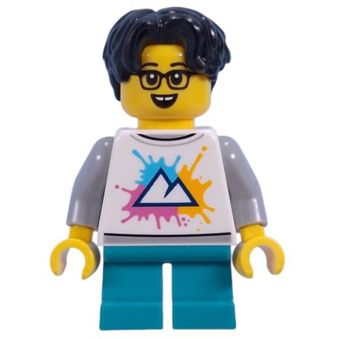 Minifigurka LEGO Kid - White Torso with Mountains, Dark Turquoise Legs, Black Hair