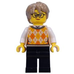 Minifigurka LEGO Visitor, Tan Torso, Black Legs, Dark Tan Hair
