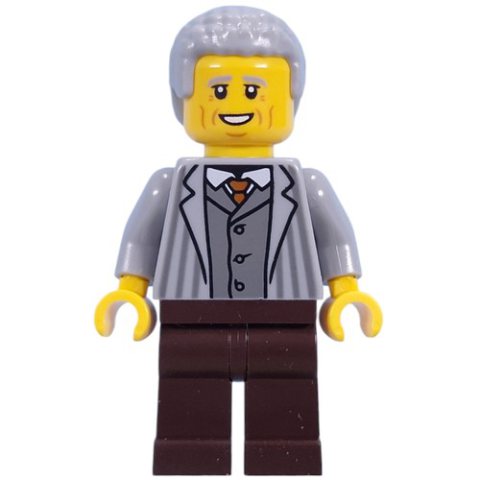 Minifigurka LEGO Visitor, Light Bluish Grey Torso, Dark Brown Legs, Light Bluish Grey Hair