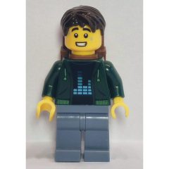 Minifigurka LEGO Passenger, Dark Green Torso, Sand Blue Legs, Dark Brown Hair, Backpack