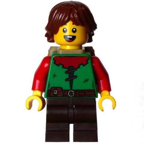 Minifigurka LEGO Elf, Green Torso, Dark Brown Legs, Reddish Brown Hair, Backpack