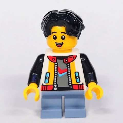 Minifigurka LEGO Kid, White Torso, Sand Blue Legs, Black Hair
