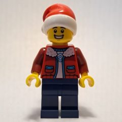Minifigurka LEGO Man, Red Jacket, Dark Blue Legs, Santa Hat