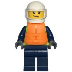 Minifigurka LEGO Police Officer, Vibrant Yellow Safety Vest, Dark BLue Legs, Orange Life Vest, White Helmet