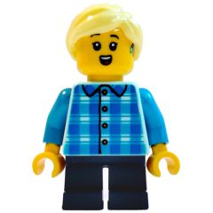 Minifigurka LEGO Girl, White and Blue Plaid Shirt, Short Dark Blue Legs