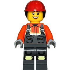 Minifigurka LEGO Construction Worker, Reddish Orange Jacket, Overall, Red Hard Hat with Hair