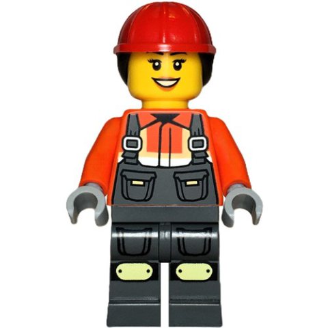 Minifigurka LEGO Construction Worker, Reddish Orange Jacket, Overall, Red Hard Hat with Hair