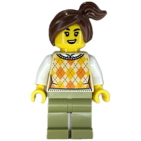 Minifigurka LEGO Kiosk Customer, Tan Torso, Olive Green Legs, Reddish Brown Hair