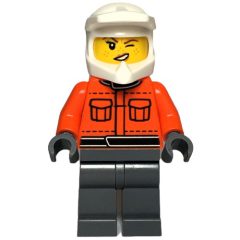 Minifigurka LEGO Pit Crew, Reddish Orange Torso, Dark Bluish Grey Legs, Female, Wink