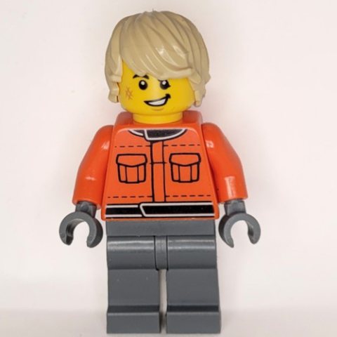 Minifigurka LEGO Pit Crew, Reddish Orange Torso, Dark Bluish Grey Legs, Tan Hair