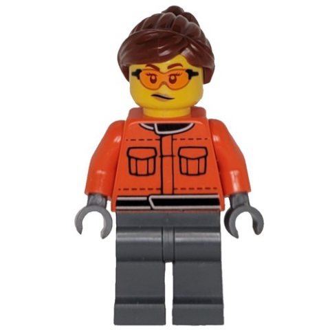Minifigurka LEGO Pit Crew, Reddish Orange Torso, Dark Bluish Grey Legs, Female, Reddish Brown Hair
