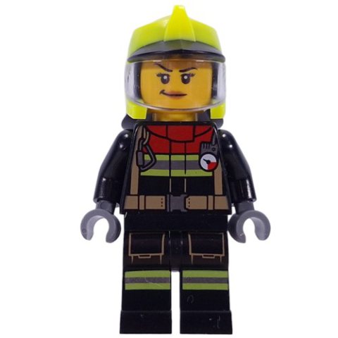 Minifigurka LEGO Firefighter, Black Fire Suit, Vibrant Yellow Helmet, Visor