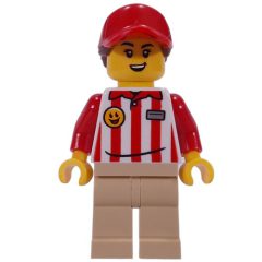 Minifigurka LEGO Hotdog Vender, Red/White Stripes Shirt, Tan Legs, Red Cap