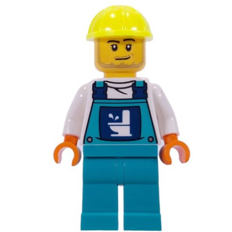 Minifigurka LEGO Plumber, White Shirt, Dark Turquoise Overall, Vibrant Yellow Hat