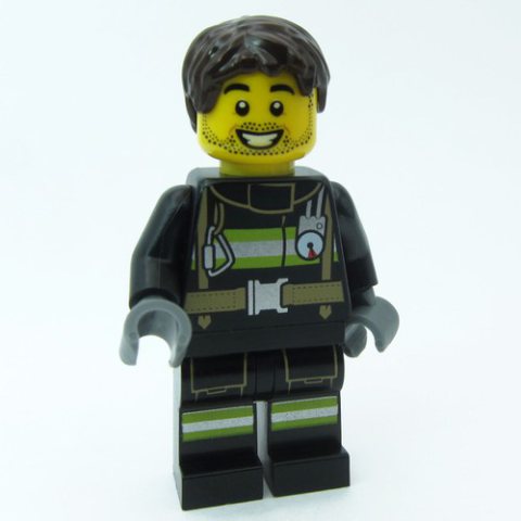 Minifigurka LEGO Firefighter, Black Fire Suit, Dark Brown Hair