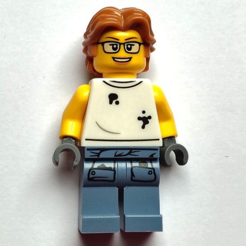 Minifigurka LEGO Scrapyard Worker, White Shirt, Sand Blue Legs, Medium Nougat Hair