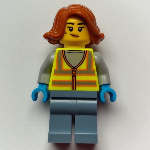 Minifigurka LEGO Scrapyard Worker, Vibrant Yellow Vest, Sand Blue Legs