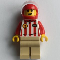 Minifigurka LEGO Hotdog Vender, Red/White Stripes Shirt, Tan Legs, Red Helmet