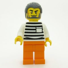 Minifigurka LEGO Criminal, Black and White Striped Shirt, Orange Legs, Dark Bluish Gray Hair