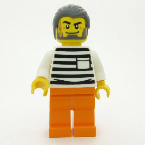 Minifigurka LEGO Criminal, Black and White Striped Shirt, Orange Legs, Dark Bluish Gray Hair