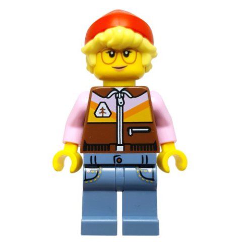 Minifigurka LEGO Model Shop Owner, Reddish Brown Torso, Sand Blue Legs, Red beanie