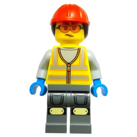 Minifigurka LEGO Workshop Mechanic, Vibrant Yellow Safety Vest, Dark Bluish Grey Legs, Red Cap, Orange Safety Glasses