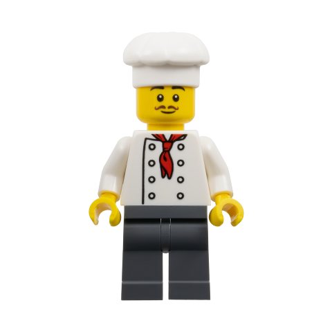 Minifigurka LEGO Chef - White Torso, Dark Bluish Grey Legs, White Hat, Moustache