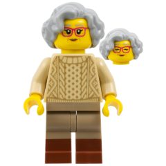 Minifigurka LEGO Tan Sweater, Dark Tan Legs, Reddish Brown Boots, Light Bluish Grey Hair