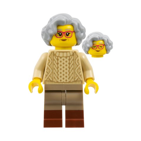 Minifigurka LEGO Tan Sweater, Dark Tan Legs, Reddish Brown Boots, Light Bluish Grey Hair