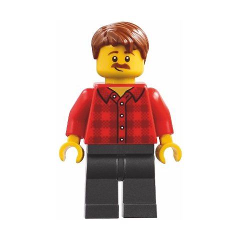 Minifigurka LEGO Red Torso, Pearl Titanium Legs, Reddish Brown Hair