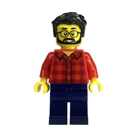Minifigurka LEGO Red Torso, Dark Blue Legs, Black Hair