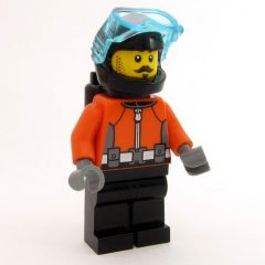 Minifigurka LEGO Aaron Apnea, Diver, Reddish Orange Wetsuit, Black Legs, Black Helmet, Moustache