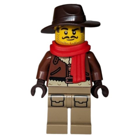 Minifigurka LEGO Explorer, Reddish Brown Jacket, Dark Brown Hat, Red Scarf