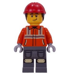 Minifigurka LEGO Construction Worker, Reddish Orange Safety Jacket, Dark Bluish Gray Legs, Red Helmet