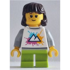 Minifigurka LEGO Girl, White Torso, Short Lime Legs, Dark Brown Hair