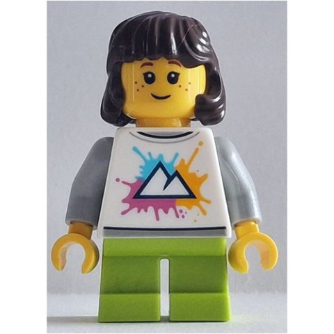 Minifigurka LEGO Girl, White Torso, Short Lime Legs, Dark Brown Hair