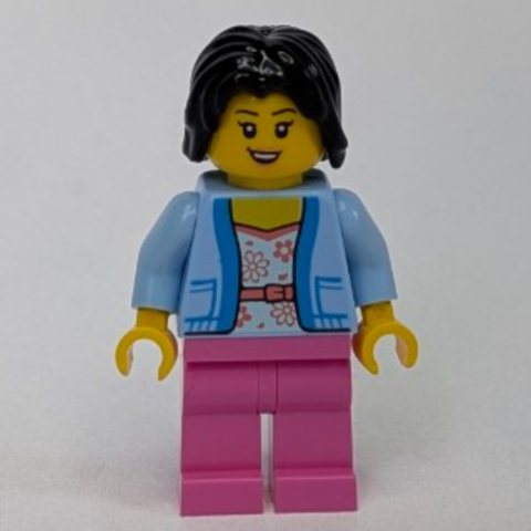 Minifigurka LEGO Woman, Bright Light Blue Sweater, Dark Pink Legs