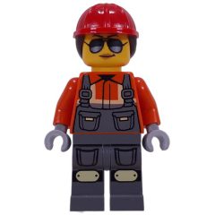 Minifigurka LEGO Construction Worker, Reddish Orange Safety Jacket, Overalls, Red Helmet, Reddish Brown Hair