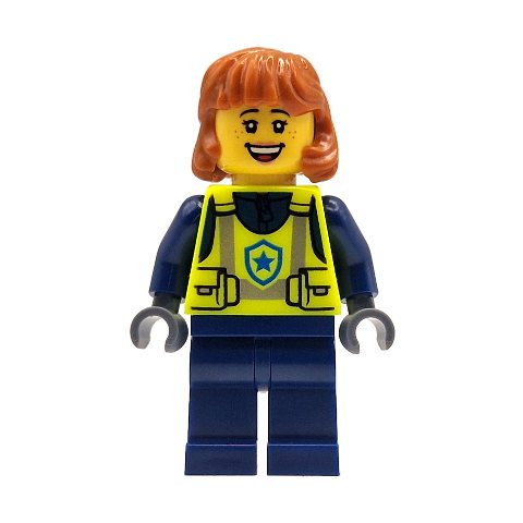 Minifigurka LEGO Police Officer, Vibrant Yellow Torso, Dark Blue Legs, Dark Orange Hair