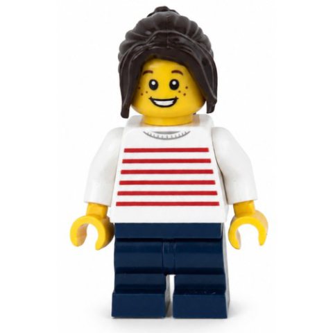Minifigurka LEGO Kid, White Torso, Dark Blue Medium Legs, Dark Brown Hair