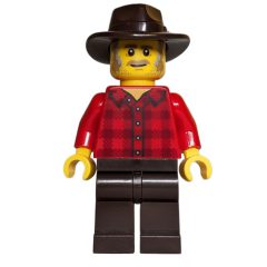 Minifigurka LEGO Cowboy, Red Torso, Dark Brown Legs, Dark Brown Fedora