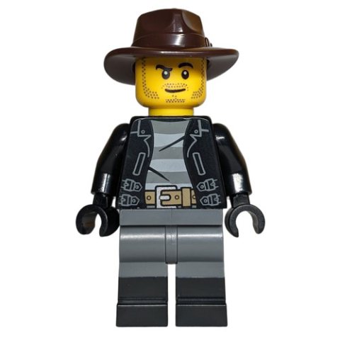 Minifigurka LEGO Robber, Black Torso, Dark Bluish Grey Legs, Dark Brown Fedora